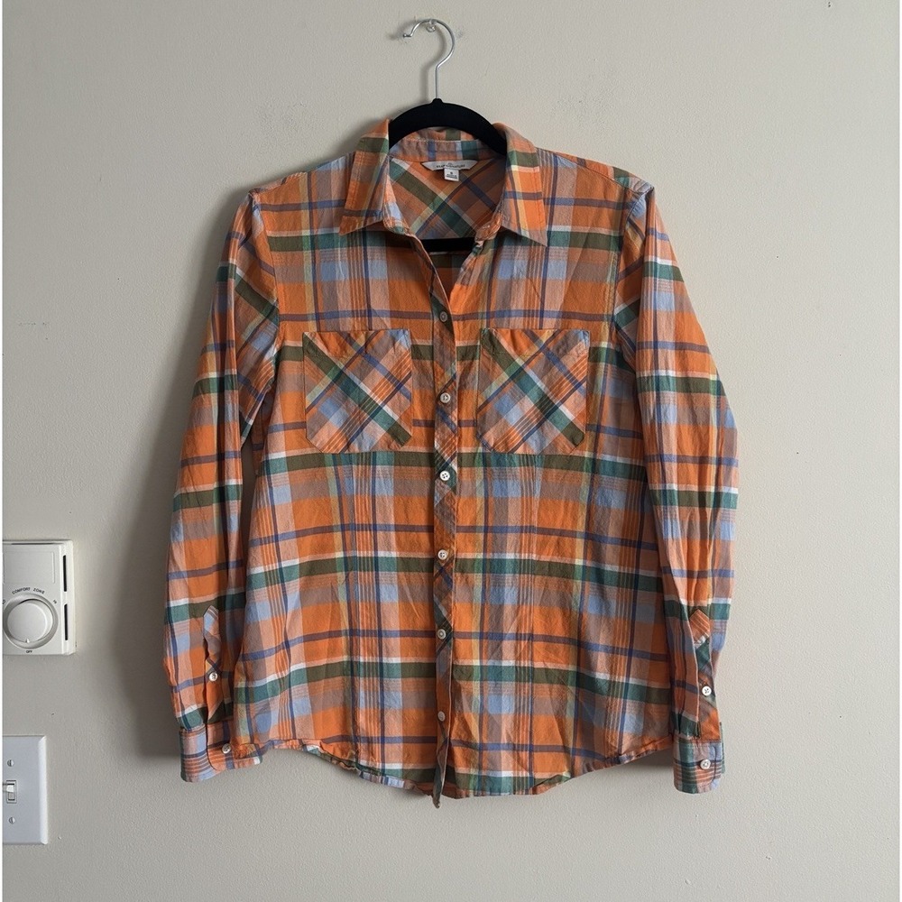 L.L. Bean Signature Orange and Blue Plaid Button Down Shirt Size 8